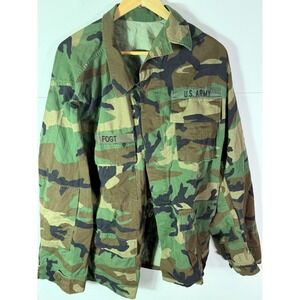 US Army Woodland Camo BDU Jacket Large Long Military Field Coat Fogt ROTC Patch